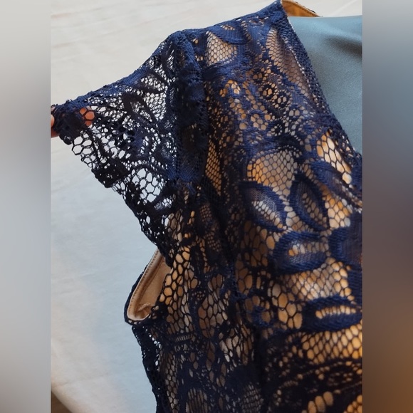 Cardalite Navy  Blue/ Tan Lace Maxi Dress* Sheer Lace Festive Dress - Picture 6 of 16
